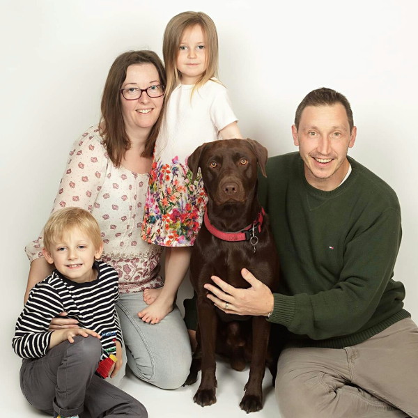 Baby Loss awareness Abi and Scott with Elliott and Willow, and dog Leo [Teresa Flanagan Photography]