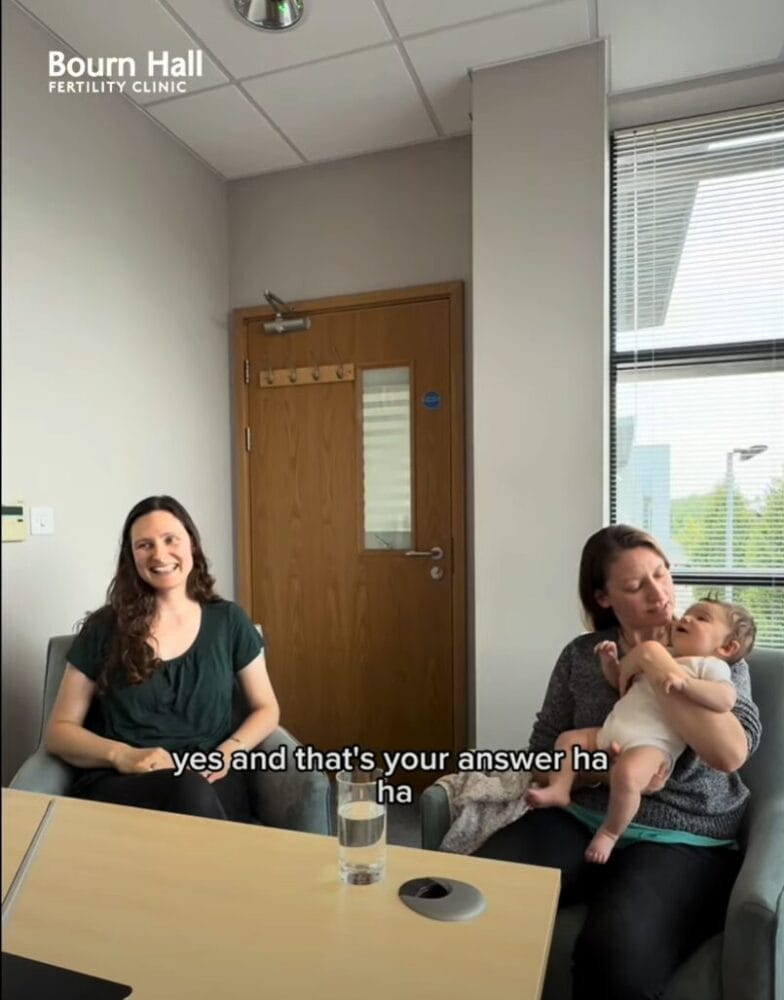 A screenshot of a video where patients Lorna and Gemma talk about becoming parents.